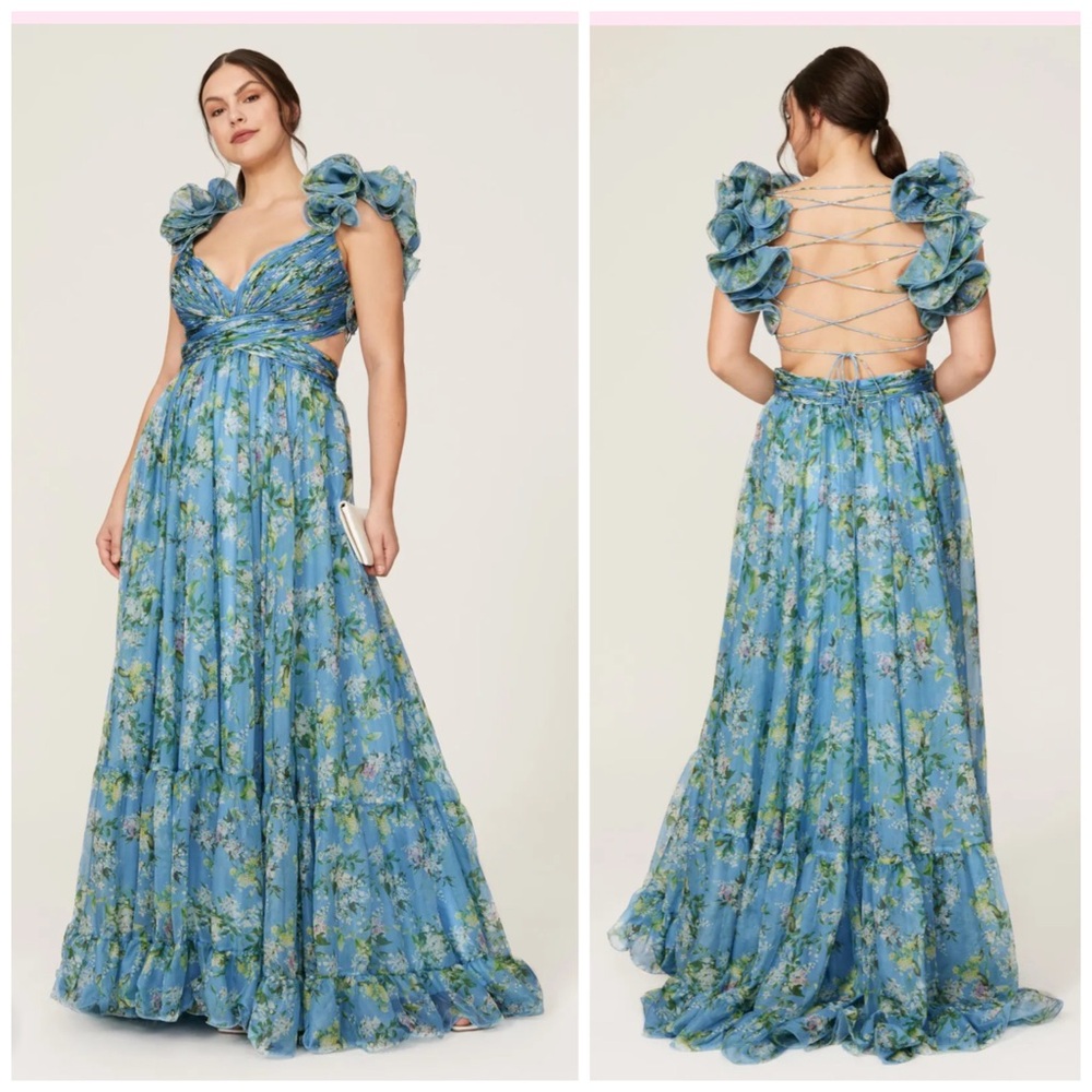 Blue Floral Ruffle Shoulder Gown - Ieena for Mac Duggal - size 10